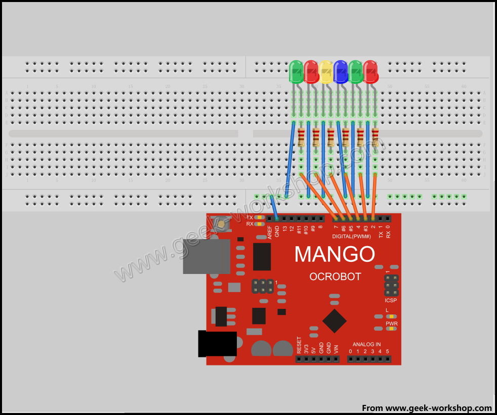 Arduino入门教程 第三课 多个led的闪烁 Arduino 极客工坊 Powered By Discuz