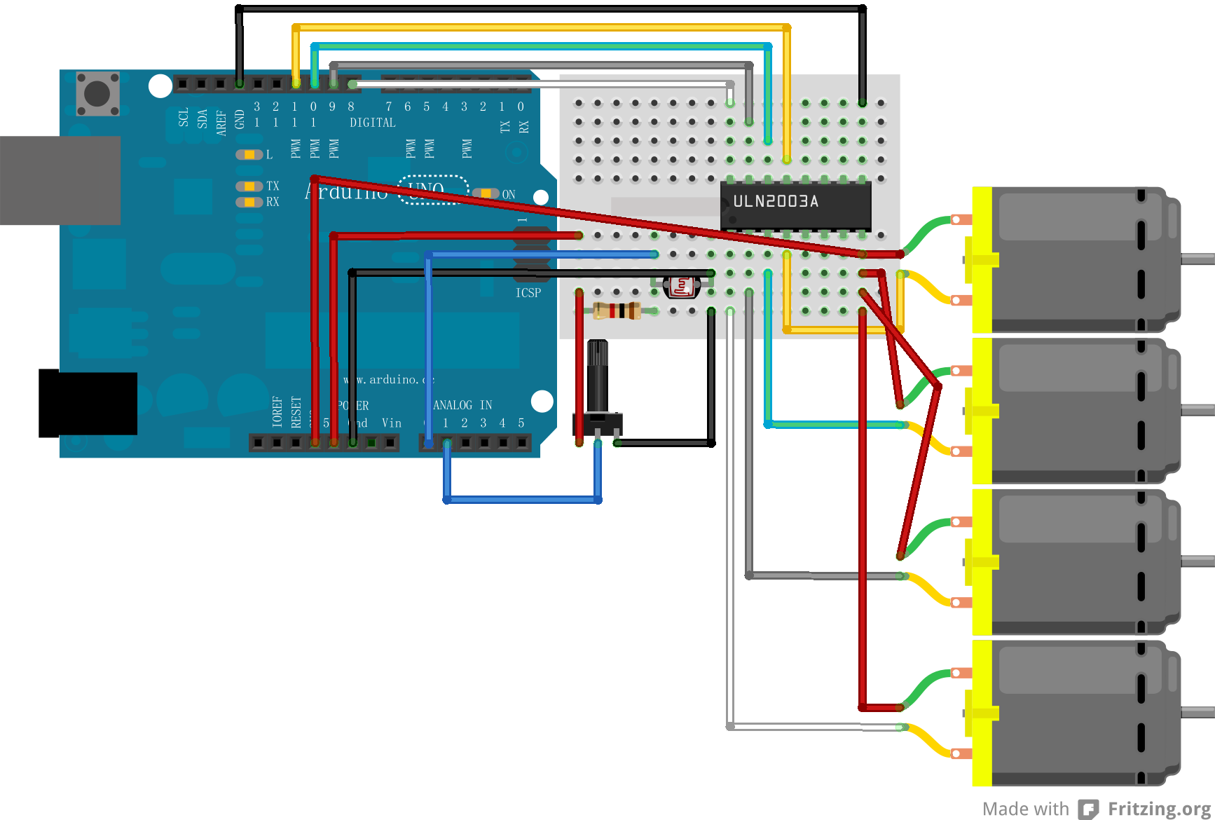 arduino用uln2003a驅動板,驅動四個直流電機,電機不動